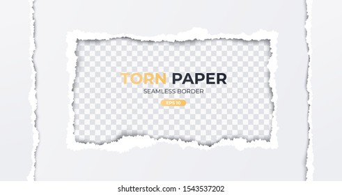 Seamless torn ripped paper layered isolated. Rectangular paper scrap. White color. Transparent background. Realistic template. Simple modern design. Flat style vector illustration.