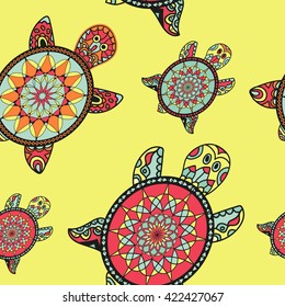 Seamless tortoise pattern in oriental style. Sea turtles family. Can be used for wallpaper, pattern fills, web page background, surface textures. Vector indian design. 