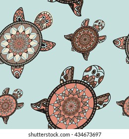 Seamless tortoise pattern in oriental style. Sea turtles family. Can be used for wallpaper, pattern fills, web page background, surface textures. Vector indian design.