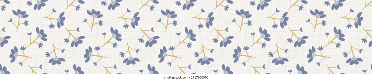 
Seamless Tossed Floral Border Pattern. French Blue Linen Shabby Chic Style. Hand Drawn Country Bloom Banner. Rustic Woven Background. Kitchen Towel Home Decor Swatch. Simple Flower Ribbon Trim Edge.