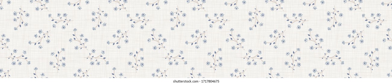 
Seamless Tossed Floral Border Pattern. French Blue Linen Shabby Chic Style. Hand Drawn Country Bloom Banner. Rustic Woven Background. Kitchen Towel Home Decor Swatch. Simple Flower Ribbon Trim Edge.