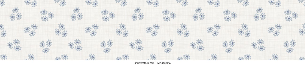 

Seamless Tossed Floral Border Pattern. French Blue Linen Shabby Chic Style. Hand Drawn Country Bloom Banner. Rustic Woven Background. Kitchen Towel Home Decor Swatch. Simple Flower Ribbon Trim Edge.