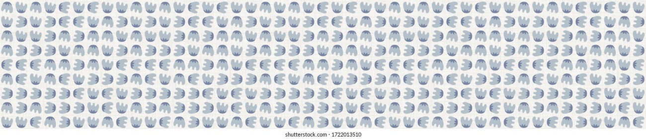 Seamless tossed floral border pattern. French blue linen shabby chic style. Hand drawn country bloom banner. Rustic woven background. Kitchen towel home decor swatch. Simple flower ribbon trim edge.