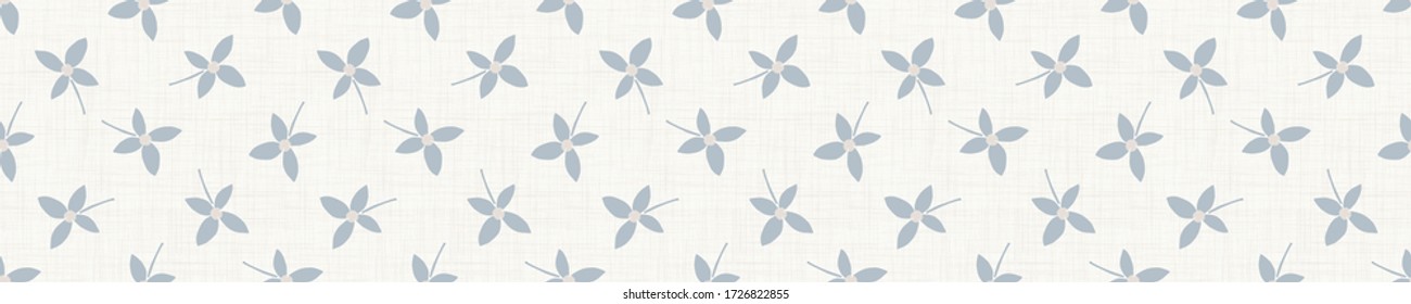 Seamless tossed floral border pattern. French blue linen shabby chic style. Hand drawn country bloom banner. Rustic woven background. Kitchen towel home decor swatch. Simple flower ribbon trim edge.