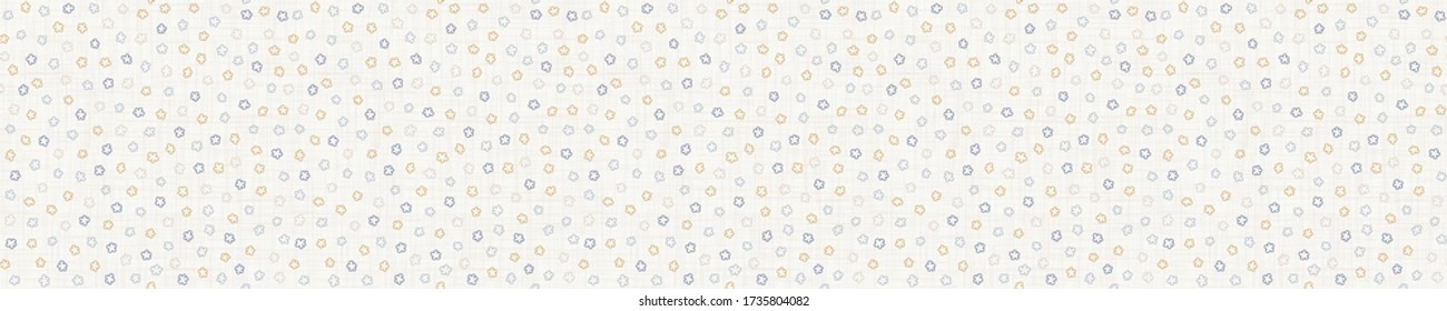 Seamless tossed floral border pattern. French blue linen shabby chic style. Hand drawn country bloom banner. Rustic woven background. Kitchen towel home decor swatch. Simple flower ribbon trim edge.