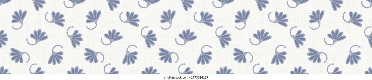 
Seamless tossed floral border pattern. French blue linen shabby chic style. Hand drawn country bloom banner. Rustic woven background. Kitchen towel home decor swatch. Simple flower ribbon trim edge.
