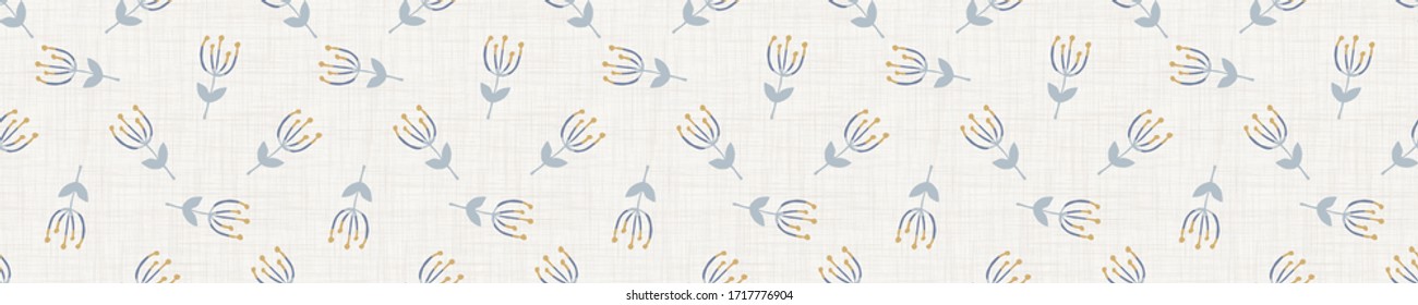 
Seamless tossed floral pattern in french blue linen shabby chic style. Hand drawn country bloom texture. Rustic woven background. 