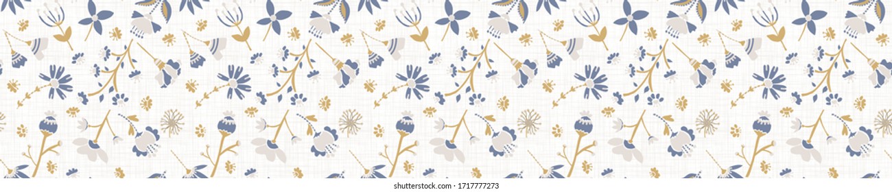 
Seamless tossed floral pattern in french blue linen shabby chic style. Hand drawn country bloom texture. Rustic woven background. Kitchen towel home decor swatch. Simple flower motif all over print