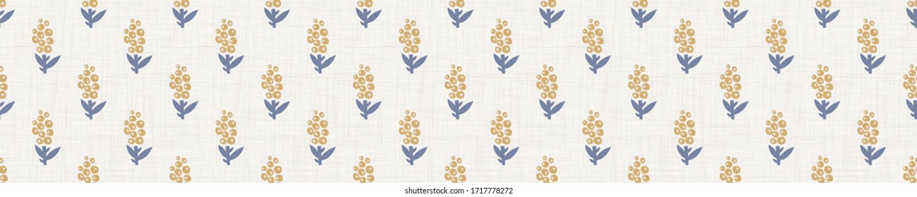 
Seamless tossed floral pattern in french blue linen shabby chic style. Hand drawn country bloom texture. Rustic woven background. Kitchen towel home decor swatch. Simple flower motif all over print