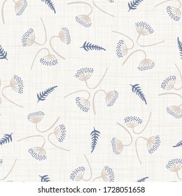 Seamless tossed floral pattern in french blue linen shabby chic style. Hand drawn country bloom texture. Rustic woven background. Kitchen towel home decor swatch. Simple fern leaf motif all over print