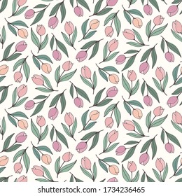 Seamless tossed pattern of abstract pink and purple tulips.