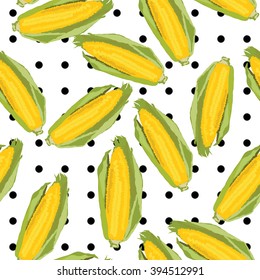 Seamless tossed pop art corn background pattern in vector