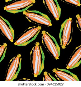 Seamless tossed pop art corn background pattern in vector