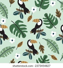 Seamless toucan pattern with leaves and flower on green background.