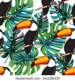 Seamless toucan pattern. Summer vector background with bird and tropical leaves monstera. 