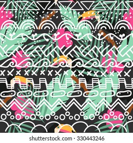 seamless toucan tropical vector pattern with tribal geometric print. 