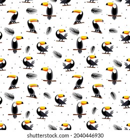 Seamless toucans on dot background. Summer print, paper or textile design. 
