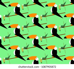 Seamless toucans pattern. Vector tropical background. Toucan icon, Cartoon illustration of toucan vector icon for web in flat style light green background 