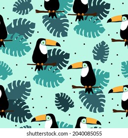 Seamless toucans pattern. wonderful toucans and monstera leaves, dots on a blue background. vector texture. trend print for textiles, wallpaper.