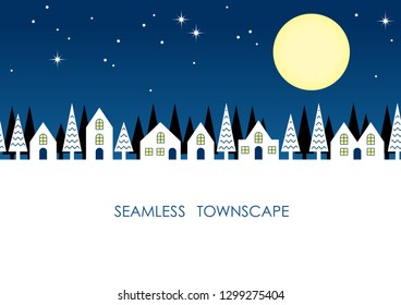 Seamless townscape at night, vector illustration. Horizontally repeatable.