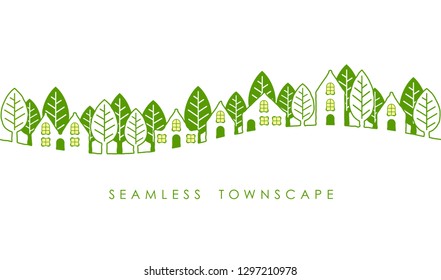 Seamless townscape, vector illustration. Horizontally repeatable.
