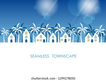 Seamless townscape, vector illustration. Horizontally repeatable.