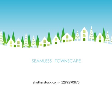 Seamless townscape, vector illustration. Horizontally repeatable.