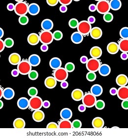 Seamless toy pattern on a black background. Fashionable anti-stress game. Handmade toy. Vector illustration.