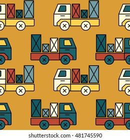 Seamless toy truck pattern with parcel. Perfect for any kid material or wallpaper.