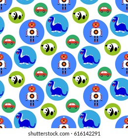 Seamless  toys pattern for kids. Cartoon toy background with dragon, robot, car and panda bear.