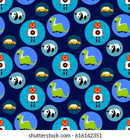 Seamless  toys pattern for kids. Cartoon toy background with dragon, robot, car and panda bear.
