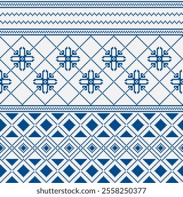 Seamless tracery geometric pixel pattern grid blue color on a light background. Seamless pattern with Ideal for printing on fabric, paper and cards.