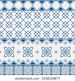 Seamless tracery geometric pixel pattern grid blue color on a light background. Seamless pattern with Ideal for printing on fabric, paper and cards.