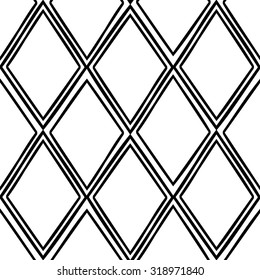 Seamless tracery geometry ornament. Rhombus repeatable pattern. Black and white binary template. Hand-drawn rough curved rhomb backdrop texture. Vector.