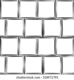 Seamless tracery geometry ornament. Squares repeatable pattern. Black and white binary template. Hand-drawn rough curved squares backdrop texture. Vector.