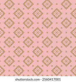 Seamless tracery square round geometric pixel pattern pink and golden background. Seamless pattern with Ideal for printing on fabric, paper and cards.