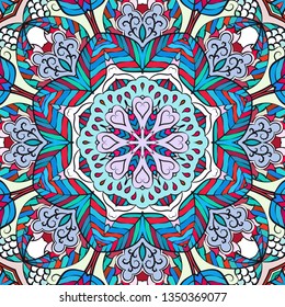 Seamless tracery tile mehndi design. Ethnic calming ornament, colorful doodle symmetry texture. Folk traditional spiritual tribal design. Curved doodling mehndi motif. Color art. Vector.