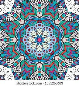 Seamless tracery tile mehndi design. Ethnic calming ornament, colorful doodle symmetry texture. Folk traditional spiritual tribal design. Curved doodling mehndi motif. Color art. Vector.