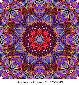 Seamless tracery tile mehndi design. Ethnic calming ornament, colorful doodle symmetry texture. Folk traditional spiritual tribal design. Curved doodling mehndi motif. Color art. Vector.