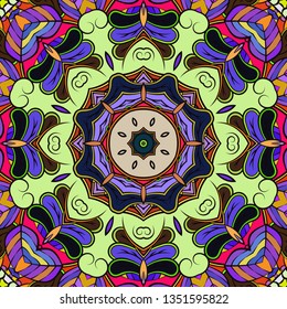 Seamless tracery tile mehndi design. Ethnic calming ornament, colorful doodle symmetry texture. Folk traditional spiritual tribal design. Curved doodling mehndi motif. Color art. Vector.