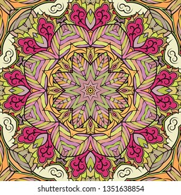 Seamless tracery tile mehndi design. Ethnic calming ornament, colorful doodle symmetry texture. Folk traditional spiritual tribal design. Curved doodling mehndi motif. Color art. Vector.