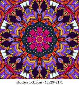 Seamless tracery tile mehndi design. Ethnic calming ornament, colorful doodle symmetry texture. Folk traditional spiritual tribal design. Curved doodling mehndi motif. Color art. Vector.