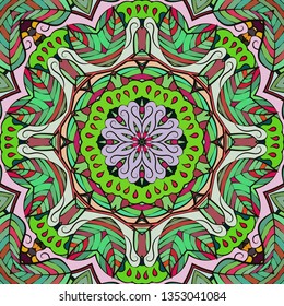 Seamless tracery tile mehndi design. Ethnic calming ornament, colorful doodle symmetry texture. Folk traditional spiritual tribal design. Curved doodling mehndi motif. Color art. Vector.
