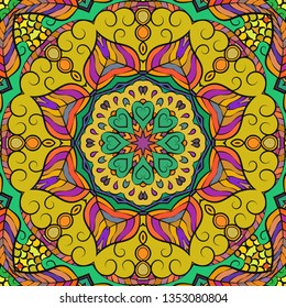 Seamless tracery tile mehndi design. Ethnic calming ornament, colorful doodle symmetry texture. Folk traditional spiritual tribal design. Curved doodling mehndi motif. Color art. Vector.