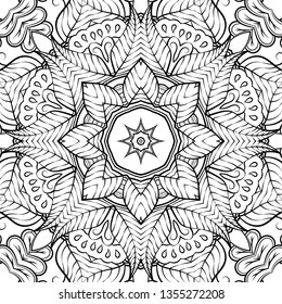 Seamless tracery tile mehndi design. Ethnic ornament, doodle symmetry texture. Folk traditional spiritual tribal design. Curved doodling mehndi motif. Binary monochrome black and white art. Vector.