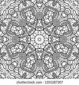 Seamless tracery tile mehndi design. Ethnic ornament, doodle symmetry texture. Folk traditional spiritual tribal design. Curved doodling mehndi motif. Binary monochrome black and white art. Vector.