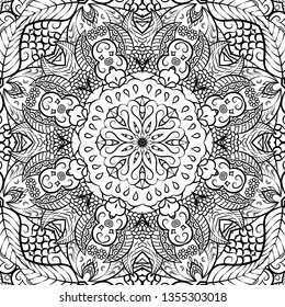 Seamless tracery tile mehndi design. Ethnic ornament, doodle symmetry texture. Folk traditional spiritual tribal design. Curved doodling mehndi motif. Binary monochrome black and white art. Vector.