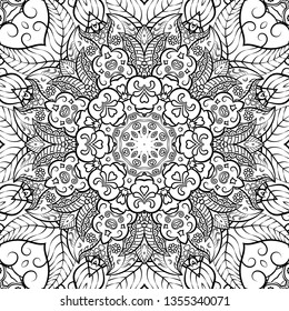 Seamless tracery tile mehndi design. Ethnic ornament, doodle symmetry texture. Folk traditional spiritual tribal design. Curved doodling mehndi motif. Binary monochrome black and white art. Vector.