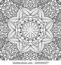 Seamless tracery tile mehndi design. Ethnic ornament, doodle symmetry texture. Folk traditional spiritual tribal design. Curved doodling mehndi motif. Binary monochrome black and white art. Vector.