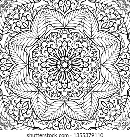 Seamless tracery tile mehndi design. Ethnic ornament, doodle symmetry texture. Folk traditional spiritual tribal design. Curved doodling mehndi motif. Binary monochrome black and white art. Vector.